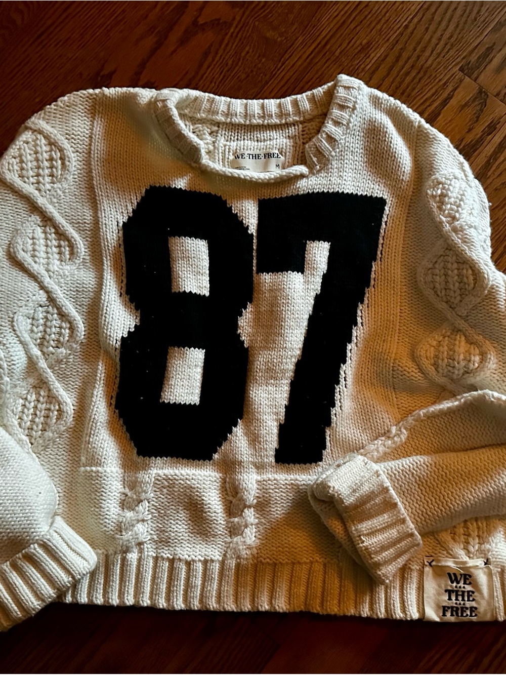 Free People We The Free Cream Cable Knit Sweater with Black '87' Graphic